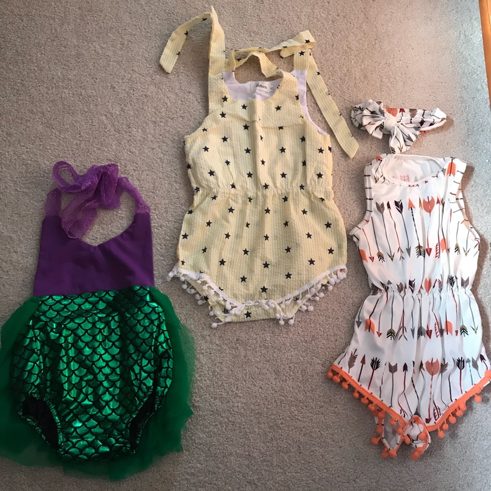 3 boutique rompers 12-24m mermaid/stars/arrows